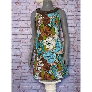 K Studio Collection Floral Beaded Neck Shift Dress Brown Blue Green Size 12 USA
